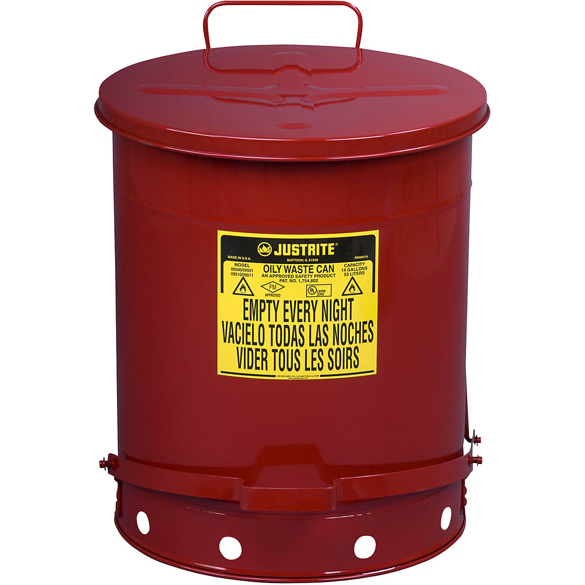 Safety disposal can made of sheet steel – Justrite, round, with foot pedal, capacity 52 l-8