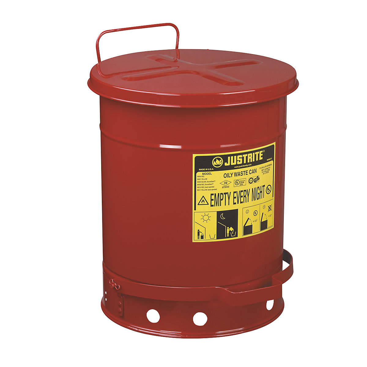 Safety disposal can made of sheet steel – Justrite, round, with foot pedal, capacity 34 l-6