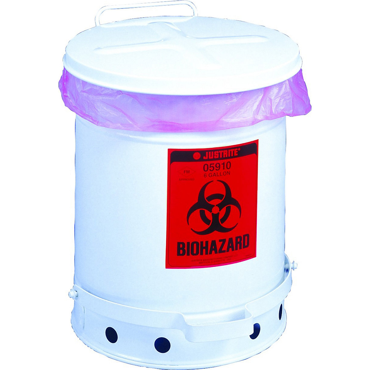 Sheet steel safety disposal can for biohazardous waste – Justrite, BIOHAZARD sticker, capacity 34 l, with pedal, white-2