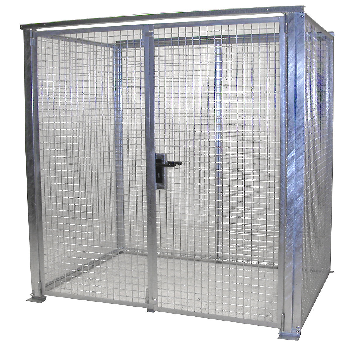EUROKRAFTpro – Mesh gas cylinder cage, without roof, with double hinged doors, WxD 2100 x 1500 mm