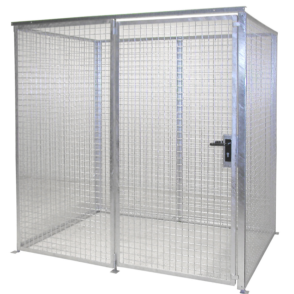 EUROKRAFTpro – Mesh gas cylinder cage, without roof, with single hinged door, WxD 2100 x 1500 mm