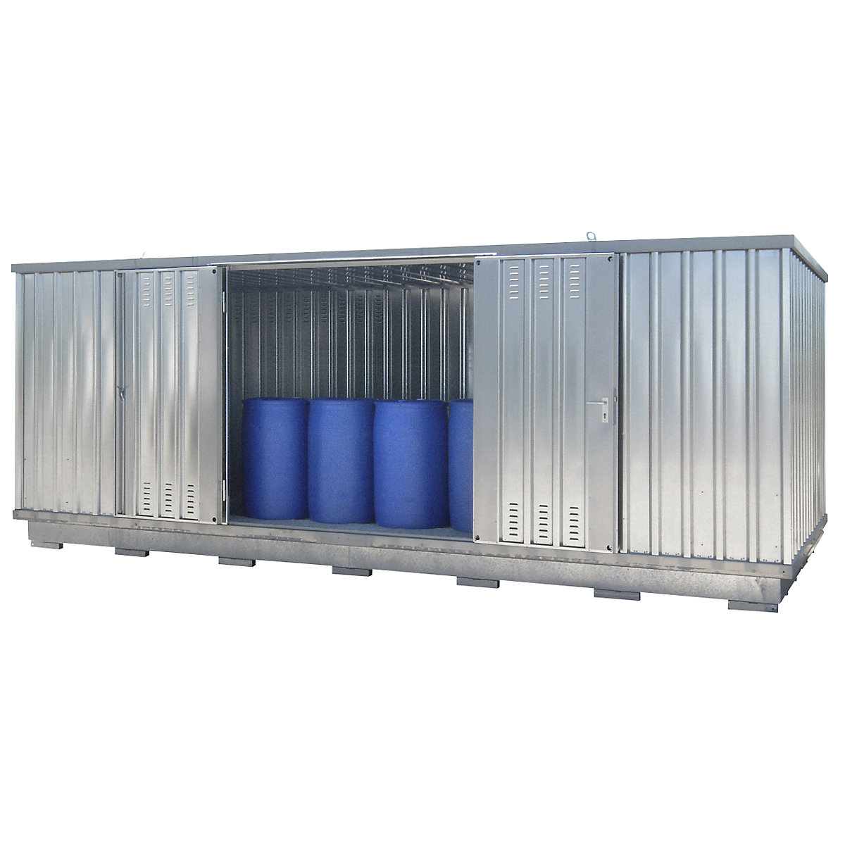 Hazardous goods container also for the active storage of flammable media, external HxWxD 2385 x 6075 x 2875 mm, zinc plated