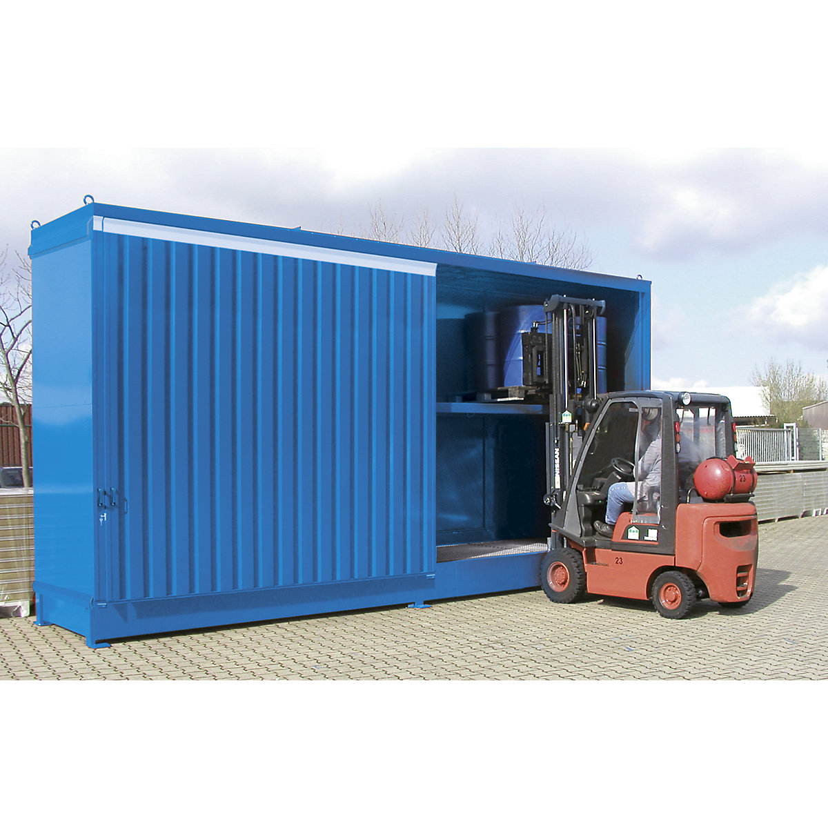 Hazardous goods shelf container – eurokraft pro, capacity 32 x 200 l drums, blue-3