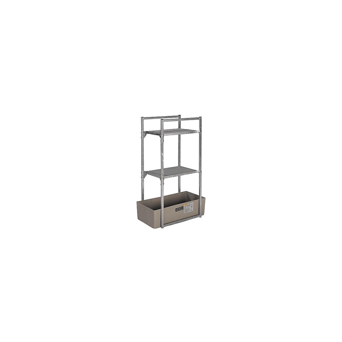Drum and small container shelf unit – CEMO, with GRP sump tray for 65 l, 2 mesh grid supports-3