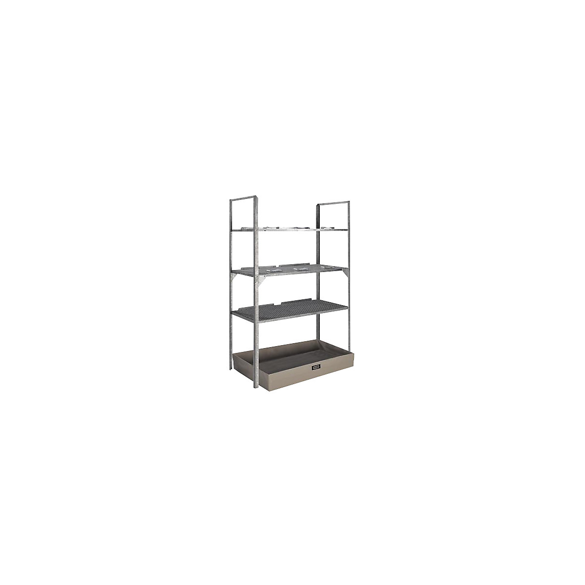 Drum and small container shelf unit – CEMO, with GRP sump tray for 150 l, 3 mesh grid shelves and drum supports-3