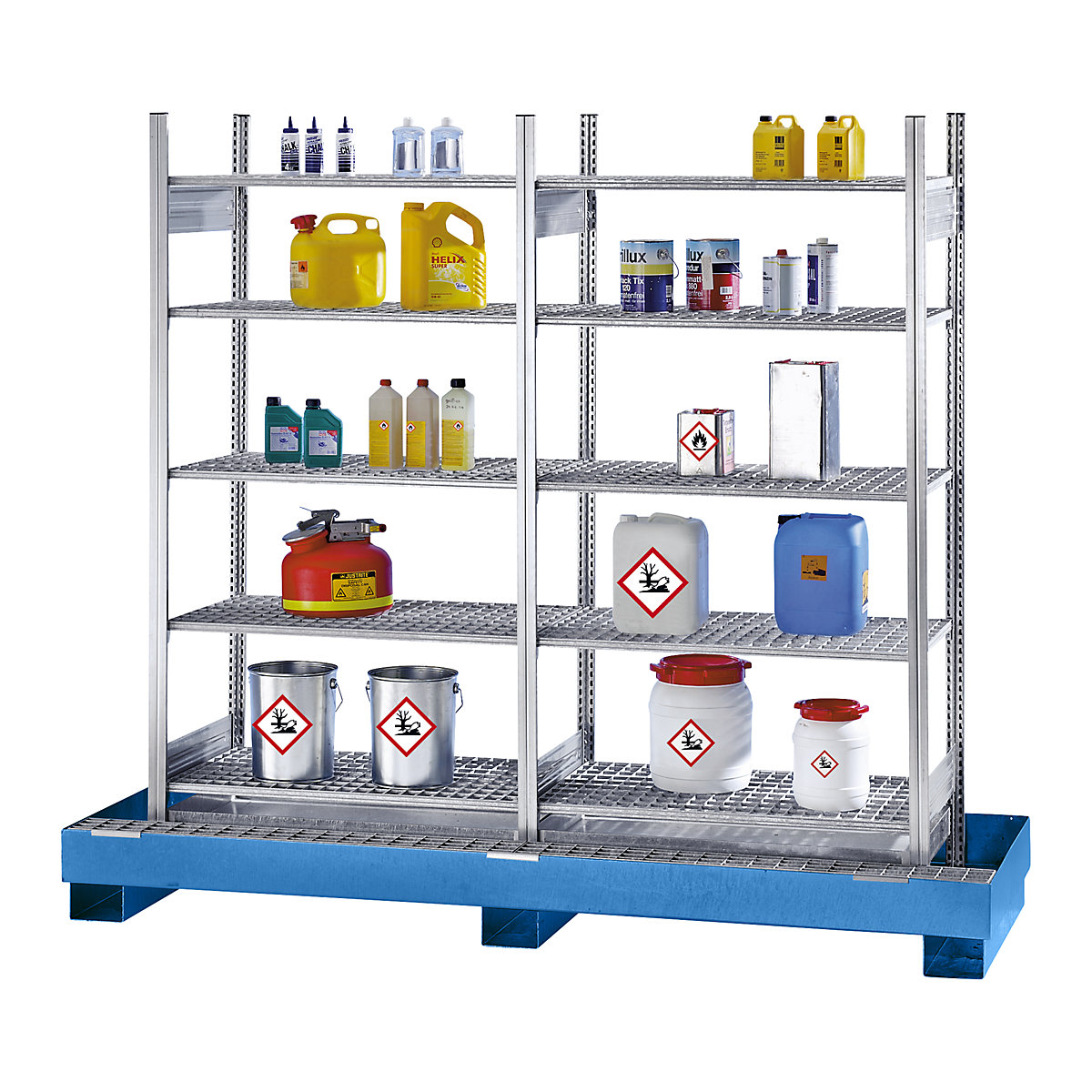 Hazardous goods shelving for small containers, for water hazardous and flammable media, 8 mesh shelves, 1 base sump tray, sump tray painted blue