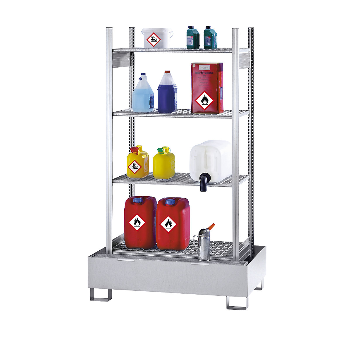 Hazardous goods shelving for small containers, for water hazardous and flammable media, 4 mesh shelves, 1 base sump tray, sump tray hot dip galvanised