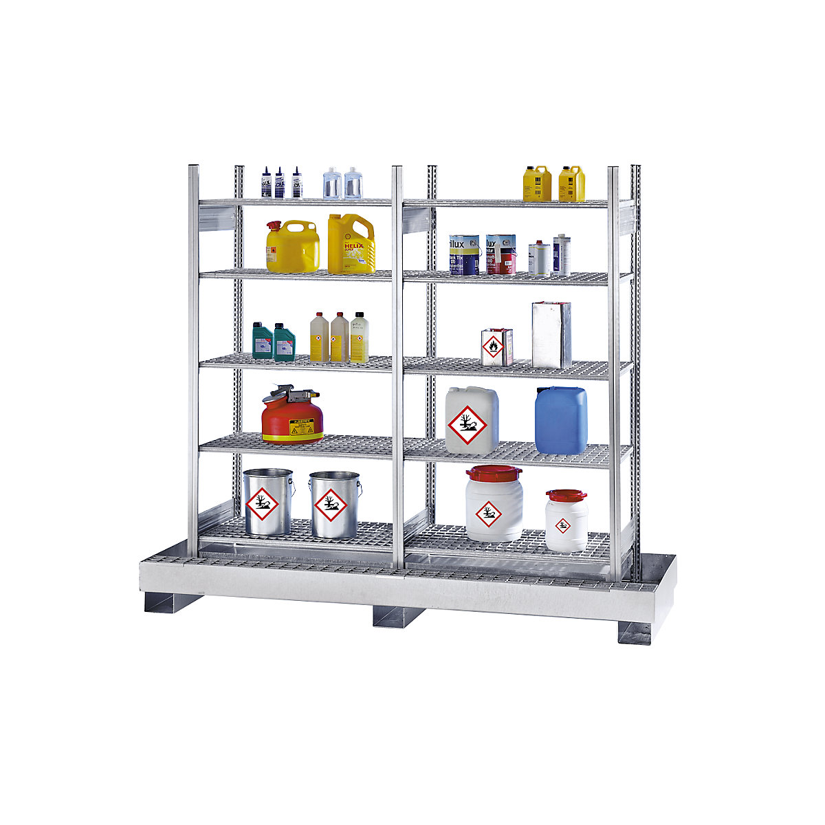 Hazardous goods shelving for small containers, for water hazardous and flammable media, 8 mesh shelves, 1 base sump tray, sump tray hot dip galvanised