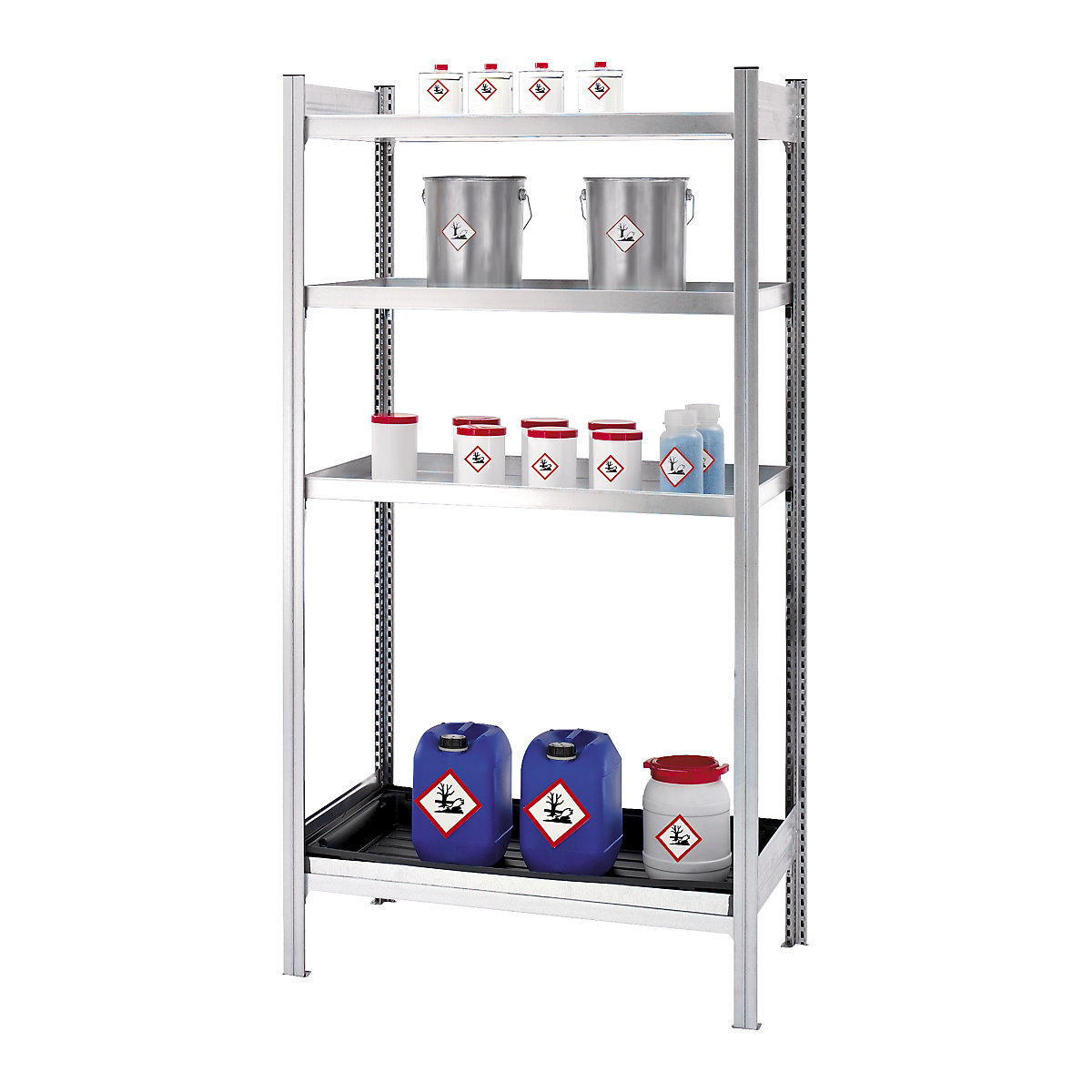 Hazardous goods shelving for small containers, for water hazardous media, 4 tray shelves, shelf width 1000 mm, standard shelf unit