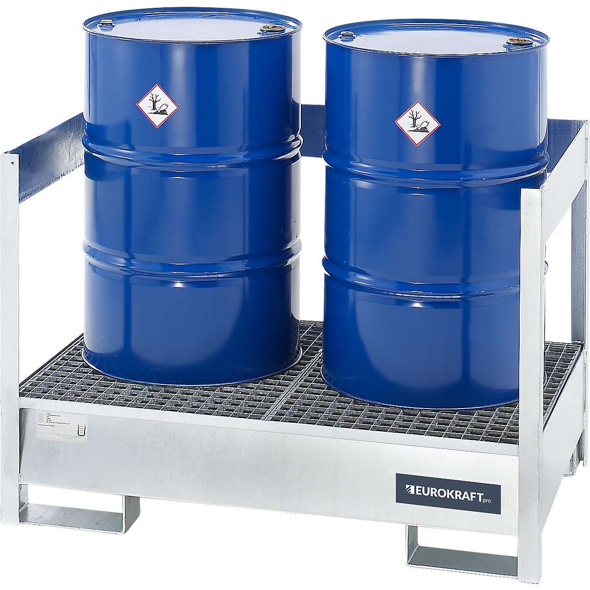 Drum sump tray for transport and storage – eurokraft pro, closed rear and side walls, stackable, for 2 drums, blue-6