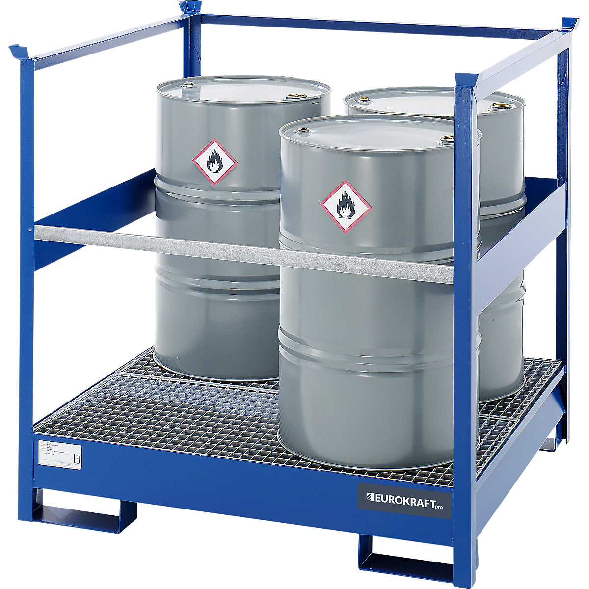 Drum sump tray for transport and storage – eurokraft pro, closed rear and side walls, stackable, for 4 drums, blue-5
