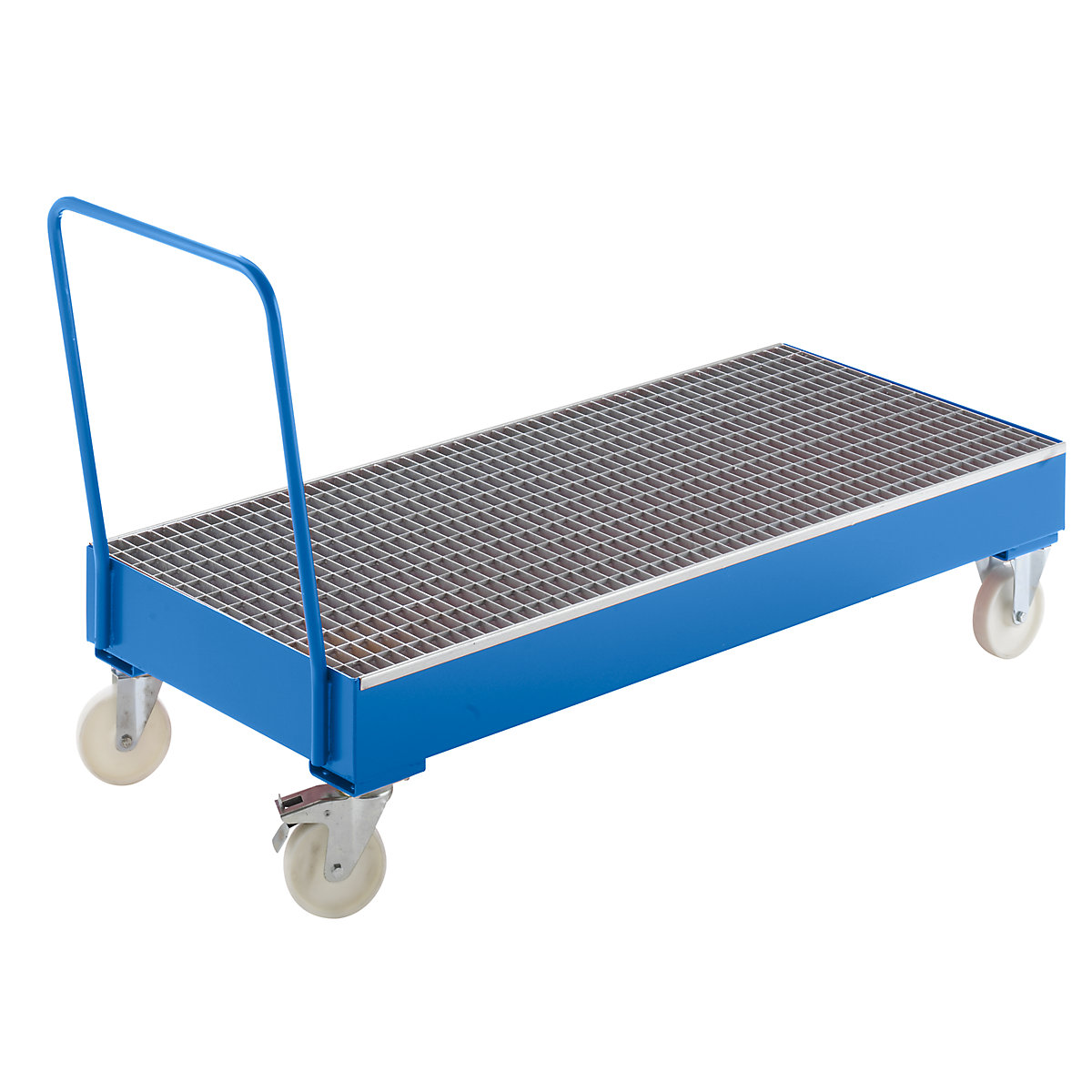 Mobile steel sump tray – eurokraft pro, for 200 l drums, 3 x upright, blue RAL 5012-3