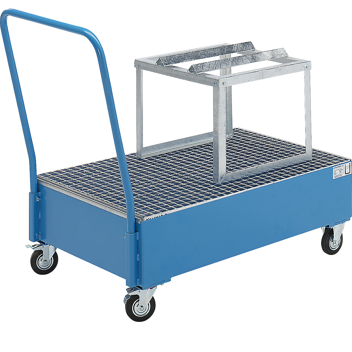 Mobile sump tray made of sheet steel – eurokraft basic, LxW 1200 x 800 mm, 1 x 200 l horizontal drum, blue RAL 5012-4