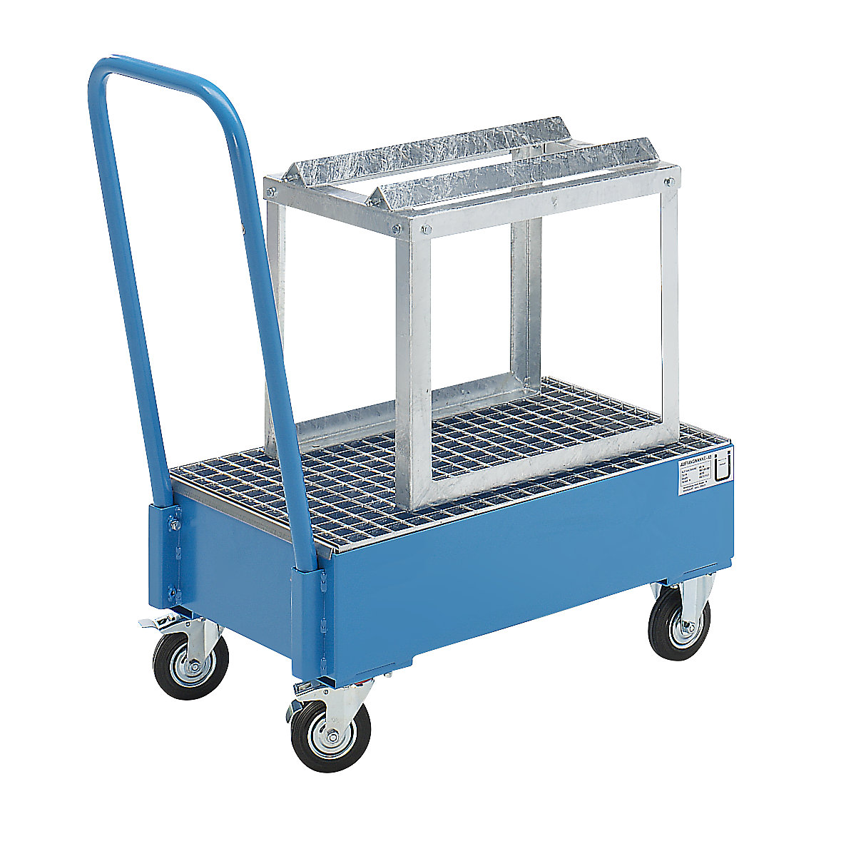 Mobile sump tray made of sheet steel – eurokraft basic, LxW 800 x 500 mm, 1 x 60 l horizontal drum, blue RAL 5012-3