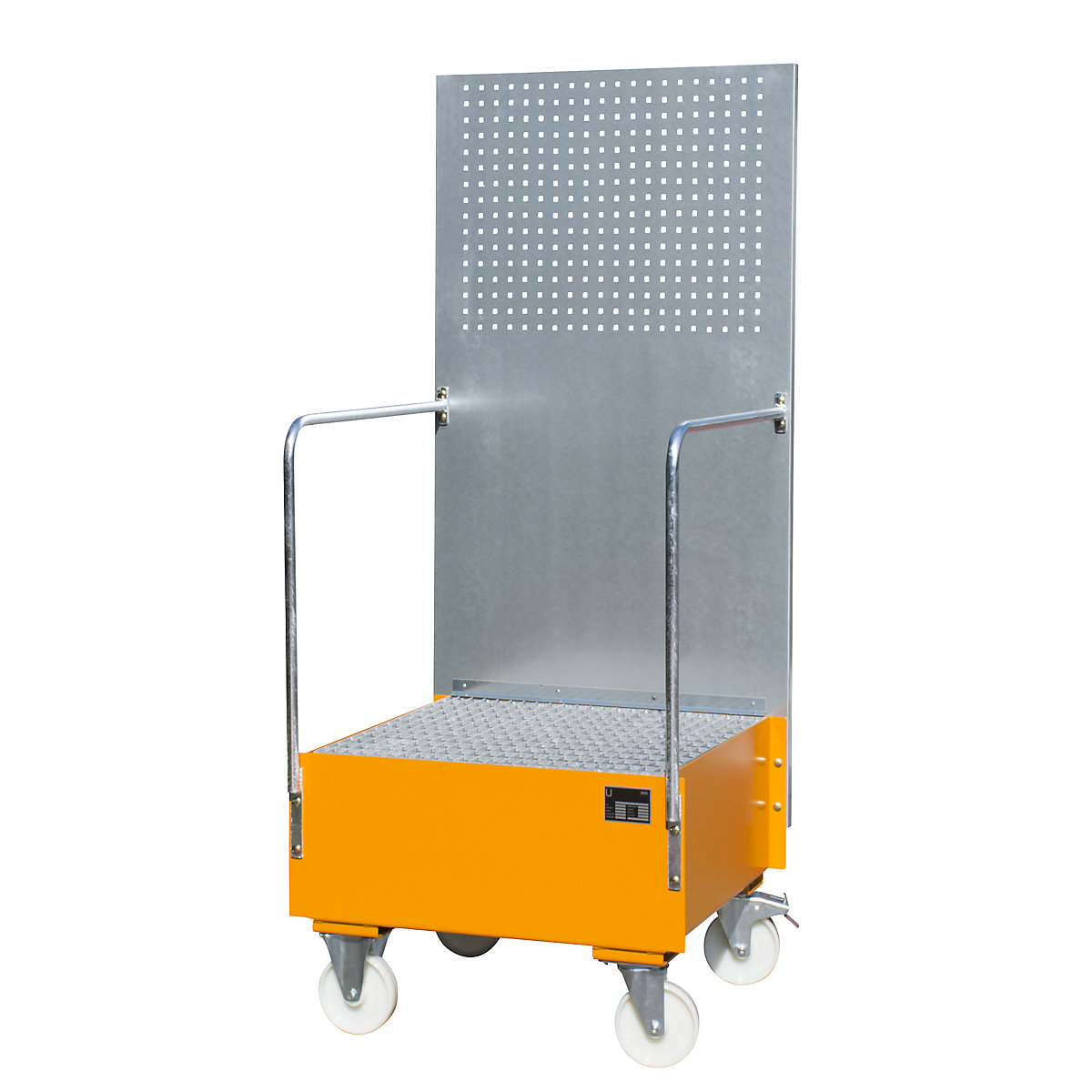 Mobile sump tray with perforated panel – eurokraft pro, 1 x 200 l drum placed upright, LxWxH 870 x 890 x 2110 mm, yellow orange-4