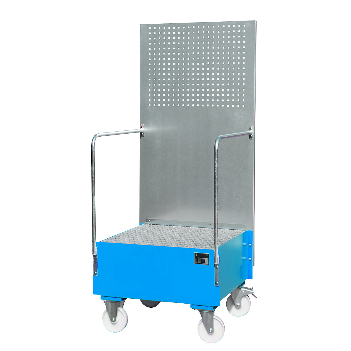 Mobile sump tray with perforated panel – eurokraft pro, 1 x 200 l drum placed upright, LxWxH 870 x 890 x 2110 mm, light blue-5