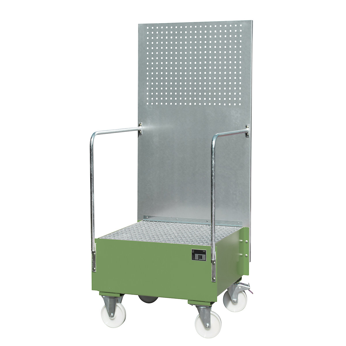 Mobile sump tray with perforated panel – eurokraft pro, 1 x 200 l drum placed upright, LxWxH 870 x 890 x 2110 mm, reseda green-3