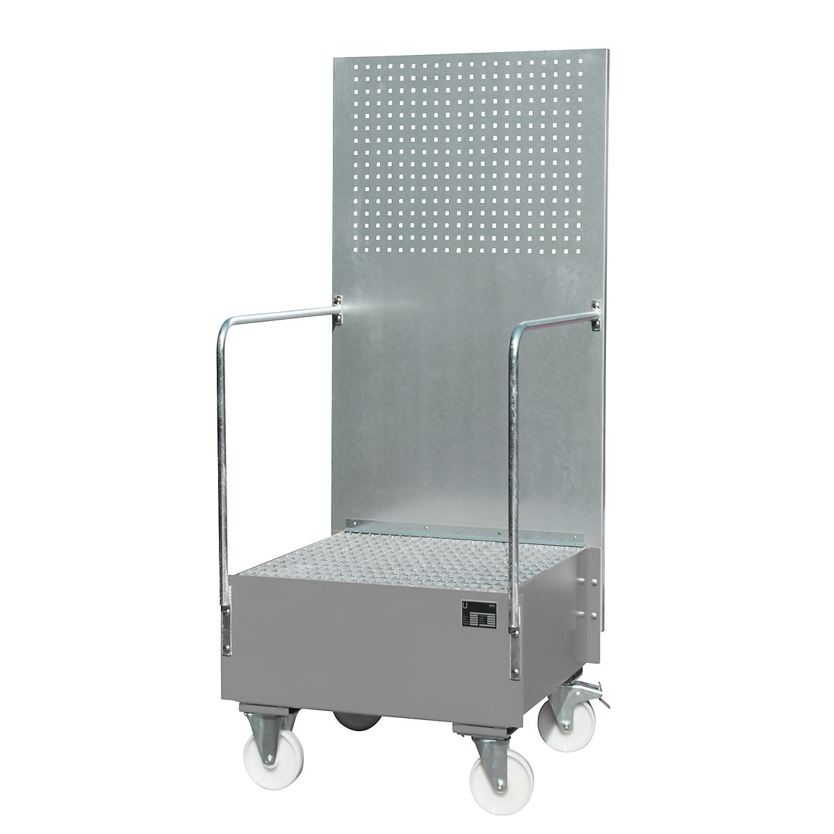 Mobile sump tray with perforated panel – eurokraft pro, 1 x 200 l drum placed upright, LxWxH 870 x 890 x 2110 mm, mouse grey-6