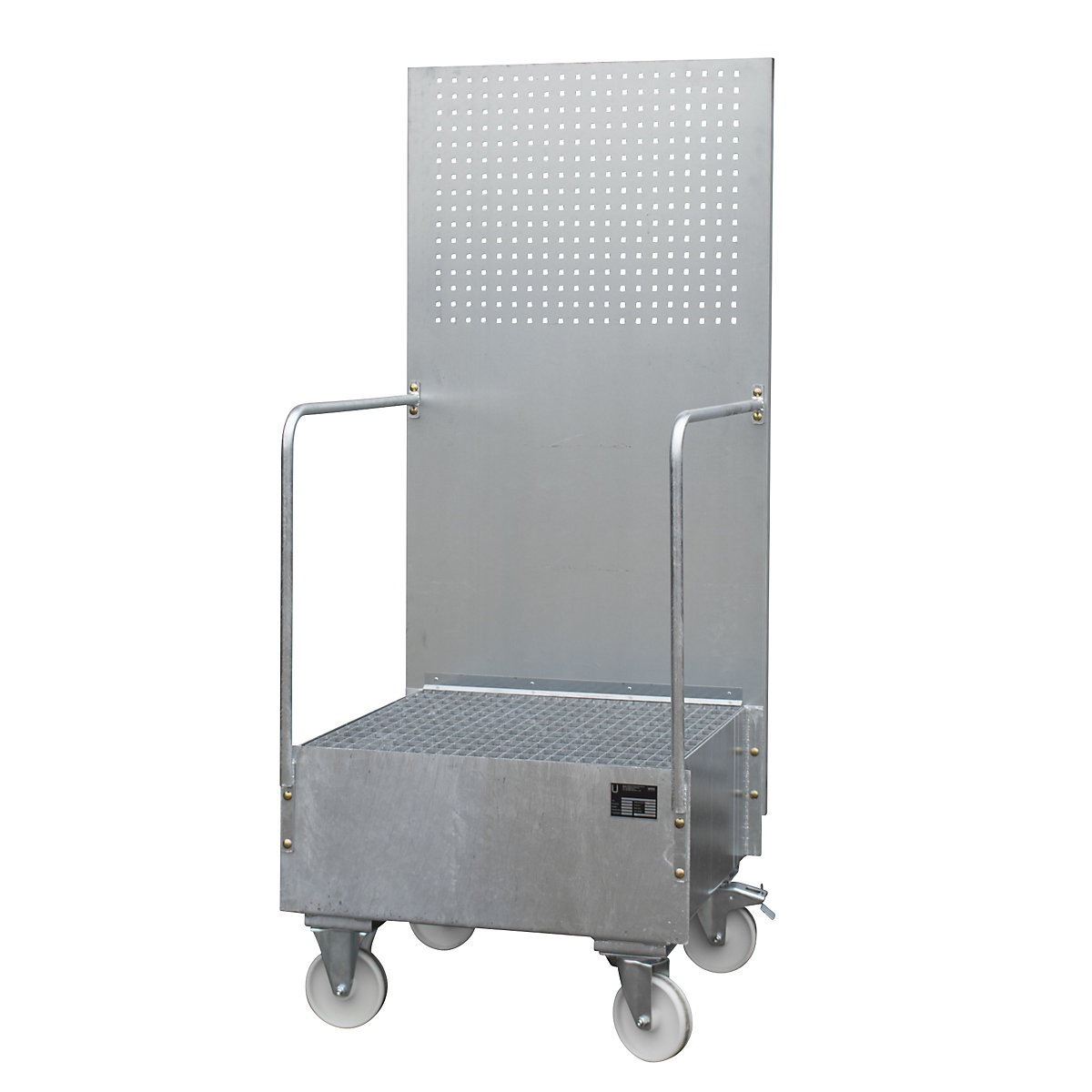 Mobile sump tray with perforated panel – eurokraft pro, 1 x 200 l drum placed upright, LxWxH 870 x 890 x 2110 mm, hot dip galvanised-1