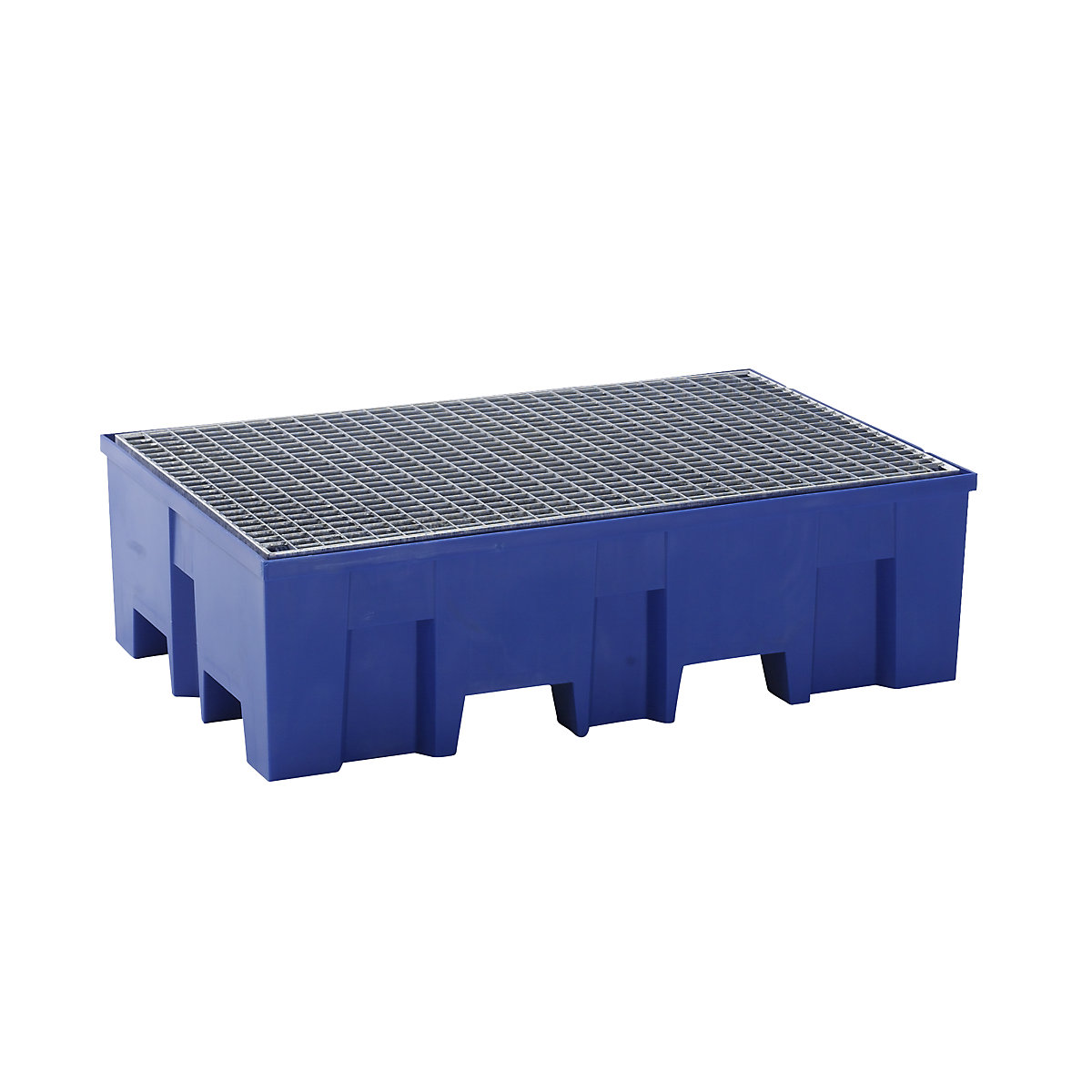 PE sump tray for 2 x 200 litre drums, clearance for forklift, height 350 mm, with zinc plated grate-3