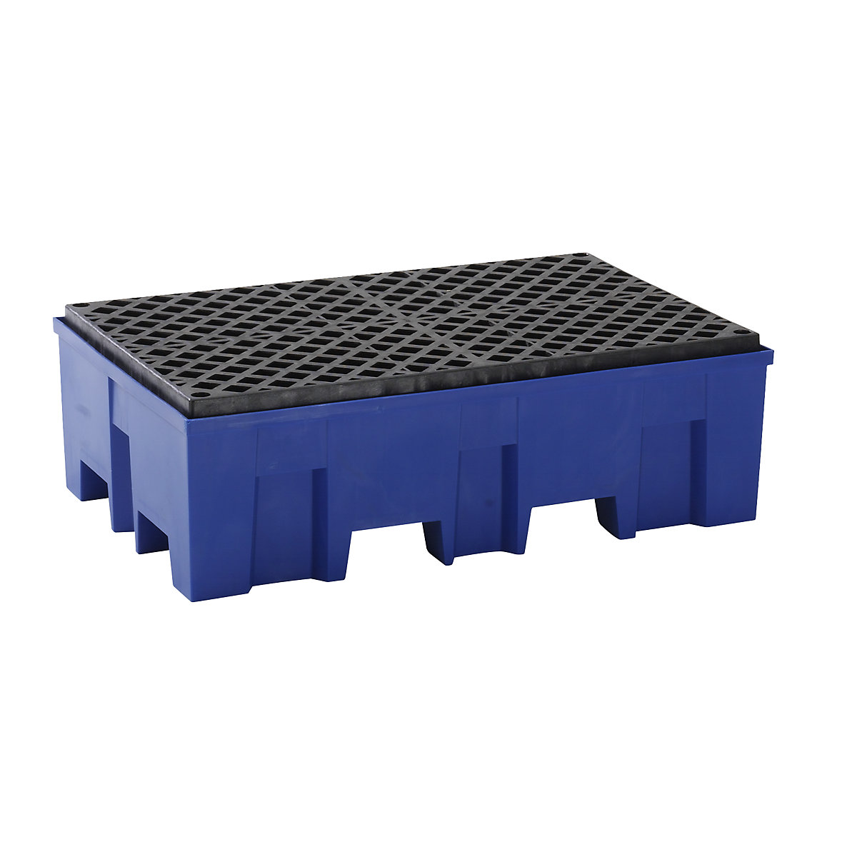 PE sump tray for 2 x 200 litre drums, clearance for forklift, height 350 mm, with PE mesh grid-5