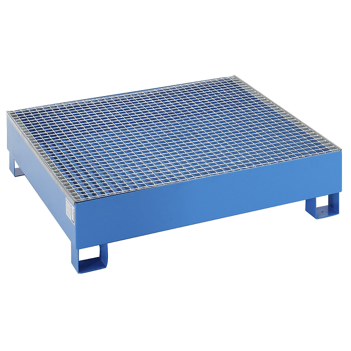 Steel sump tray for 200 l drums – eurokraft basic, LxWxH 1200 x 1200 x 285 mm, with certification, powder coated blue, with grate-2