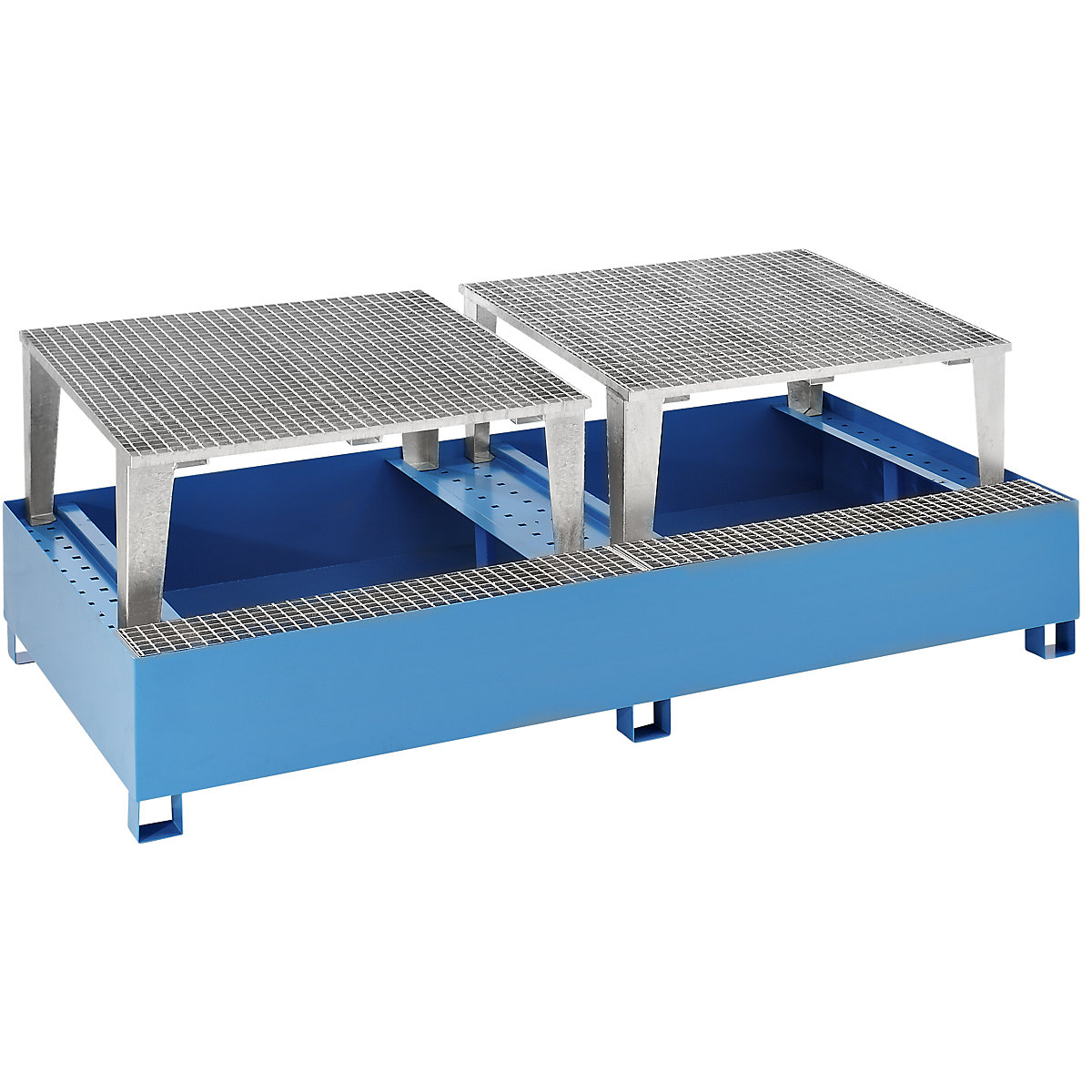Steel sump tray for IBC/CTC tank containers – eurokraft basic, for 2 x 1000 l containers, 2 filling attachments, powder coated, blue RAL 5012-2