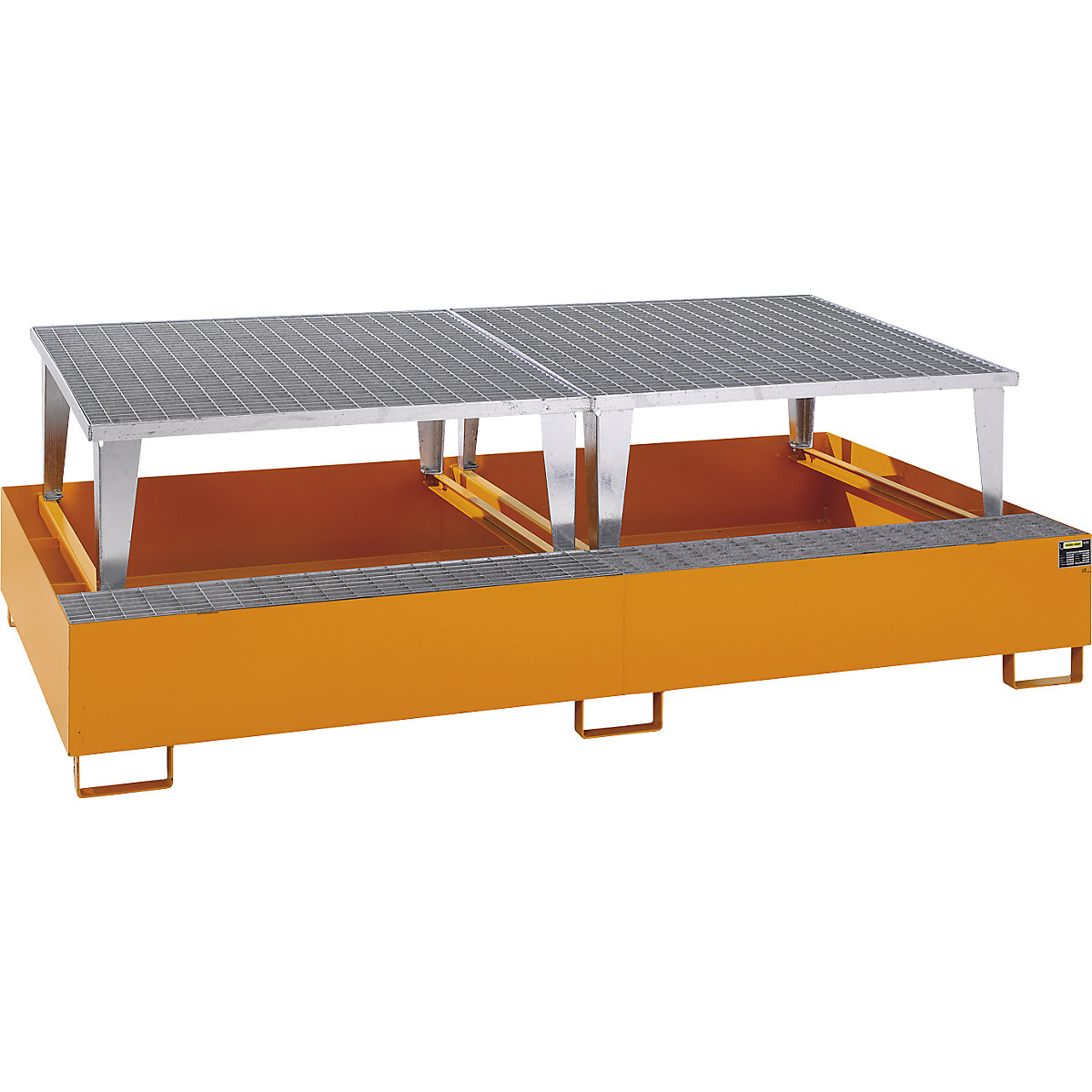 Steel sump tray for IBC/CTC tank containers – eurokraft pro, LxWxH 2650 x 1460 x 865 mm, with 2 filling attachments, sump capacity 1000 l, painted, orange RAL 2000-2