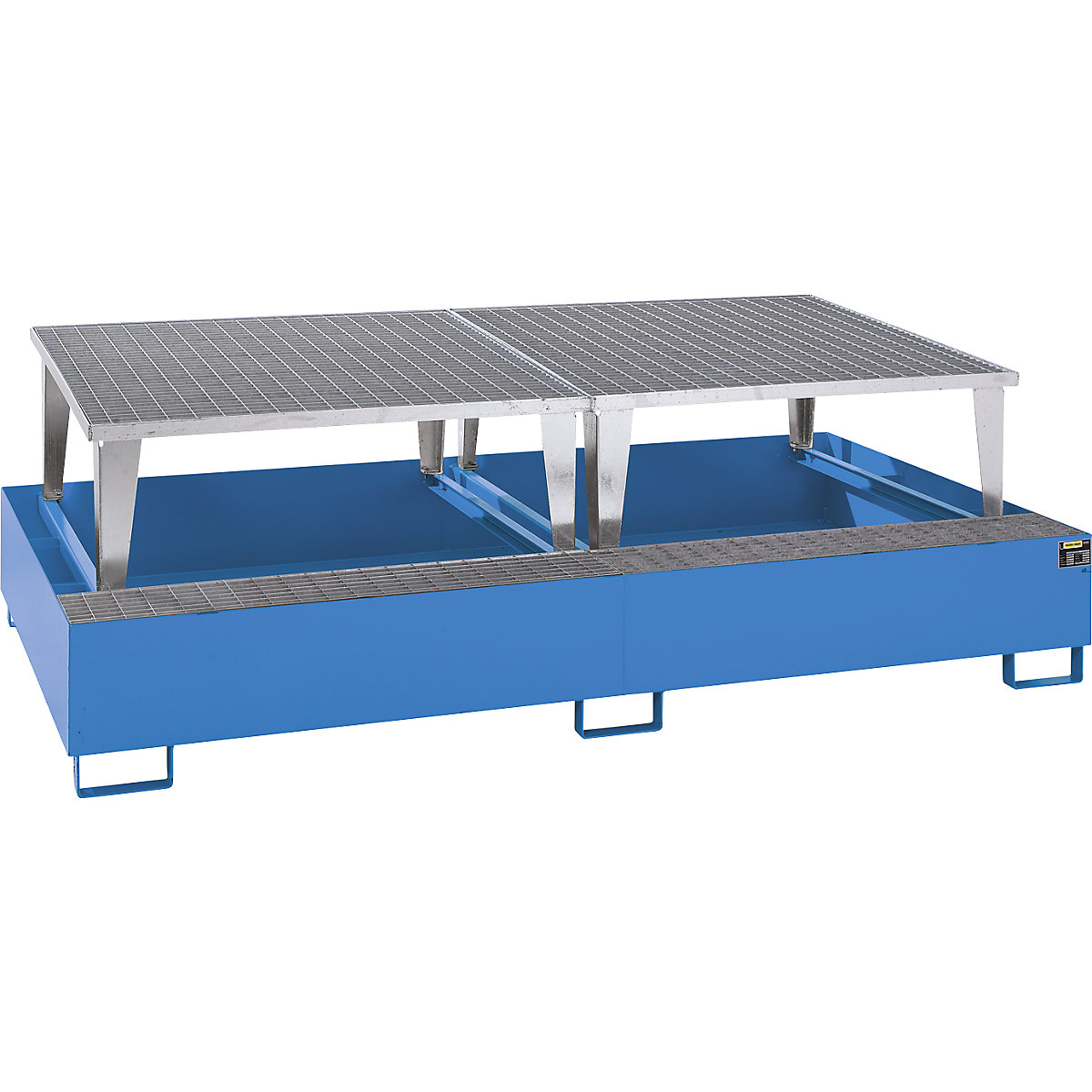 Steel sump tray for IBC/CTC tank containers – eurokraft pro, LxWxH 2650 x 1460 x 865 mm, with 2 filling attachments, sump capacity 1000 l, painted, blue RAL 5012-1