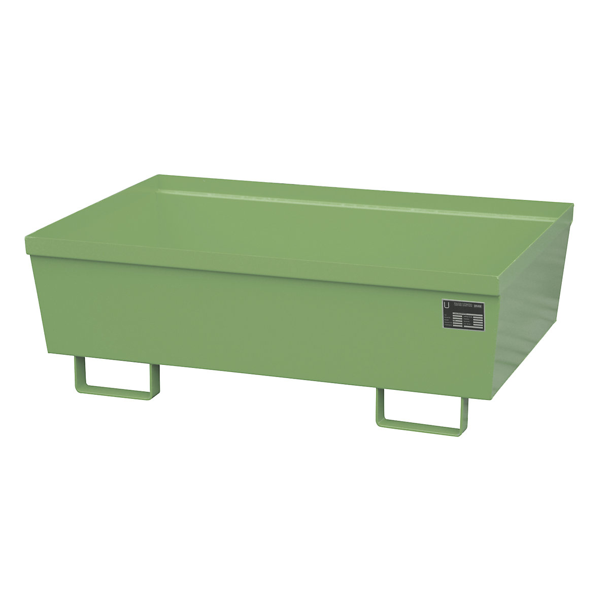 Steel sump tray with edge profiles – eurokraft pro, LxWxH 1200 x 800 x 415 mm, without grate, green RAL 6011-9