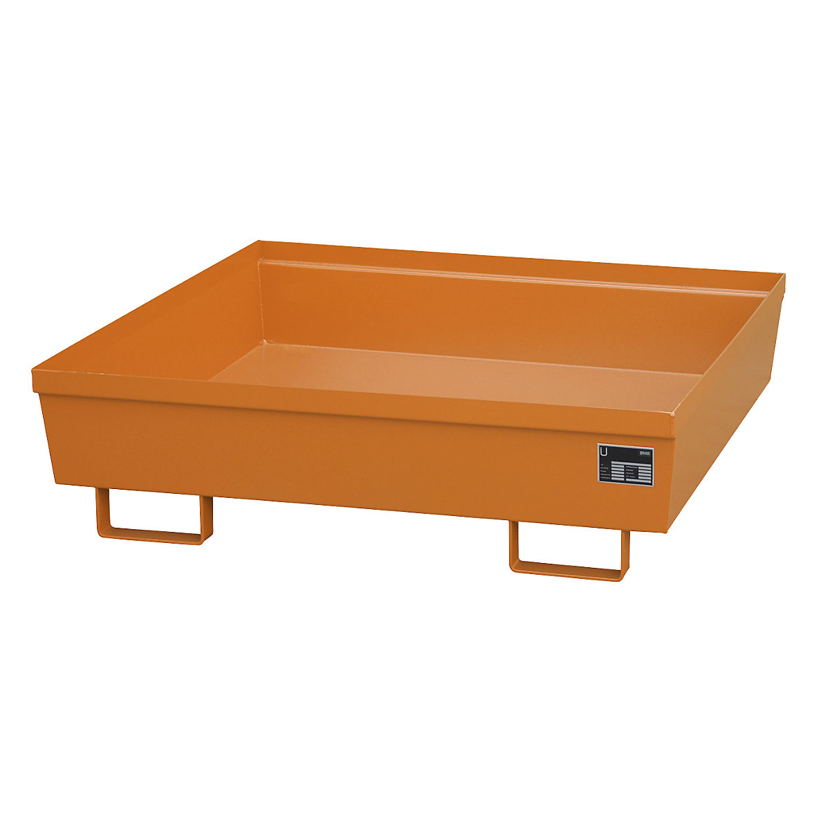 Steel sump tray with edge profiles – eurokraft pro, LxWxH 1200 x 1200 x 335 mm, without grate, orange RAL 2000-7