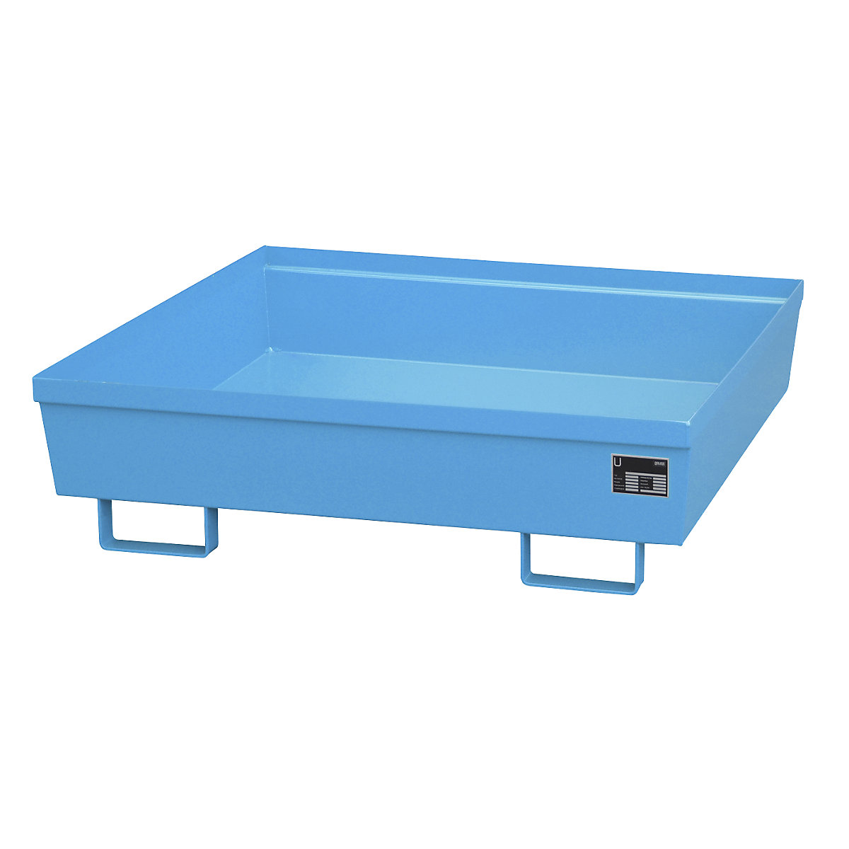 Steel sump tray with edge profiles – eurokraft pro, LxWxH 1200 x 1200 x 335 mm, without grate, blue RAL 5012-6
