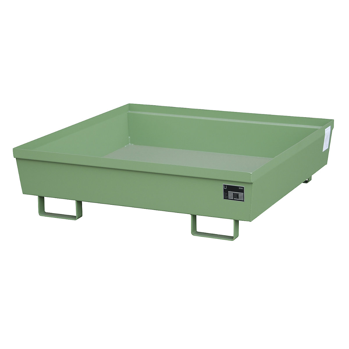 Steel sump tray with edge profiles – eurokraft pro, LxWxH 1200 x 1200 x 335 mm, without grate, green RAL 6011-5