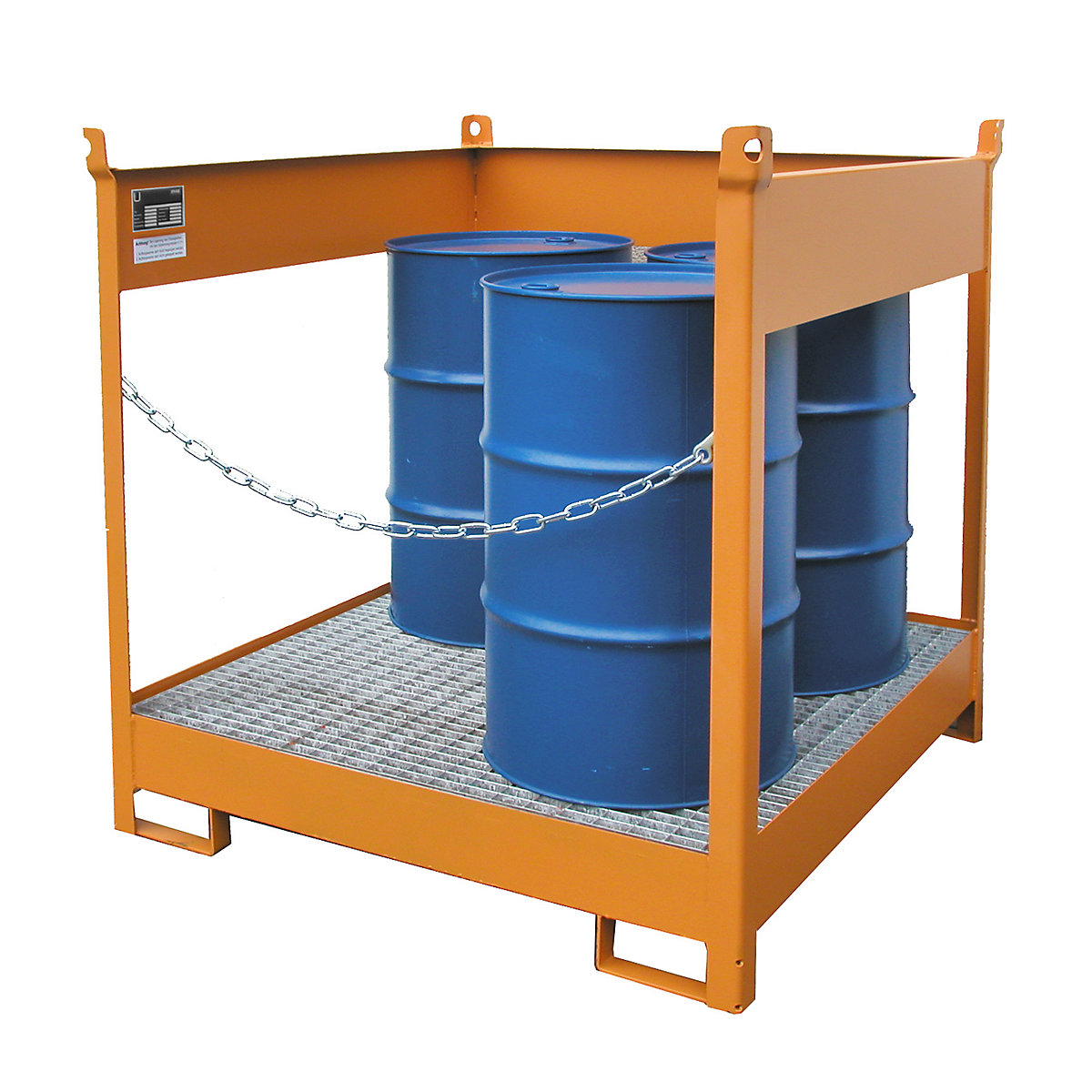 Storage and transport pallet with sump tray – eurokraft pro, open on all sides, stackable, for 4 drums, painted-5