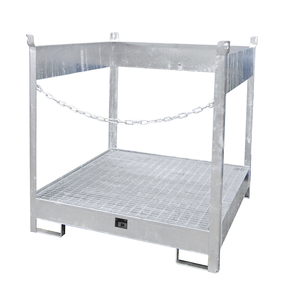 Storage and transport pallet with sump tray – eurokraft pro, open on all sides, stackable, for 4 drums, zinc plated-6