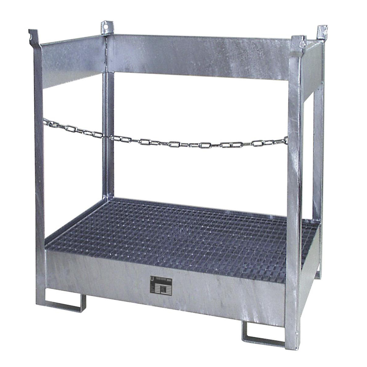 Storage and transport pallet with sump tray – eurokraft pro, open on all sides, stackable, for 2 drums, zinc plated-2