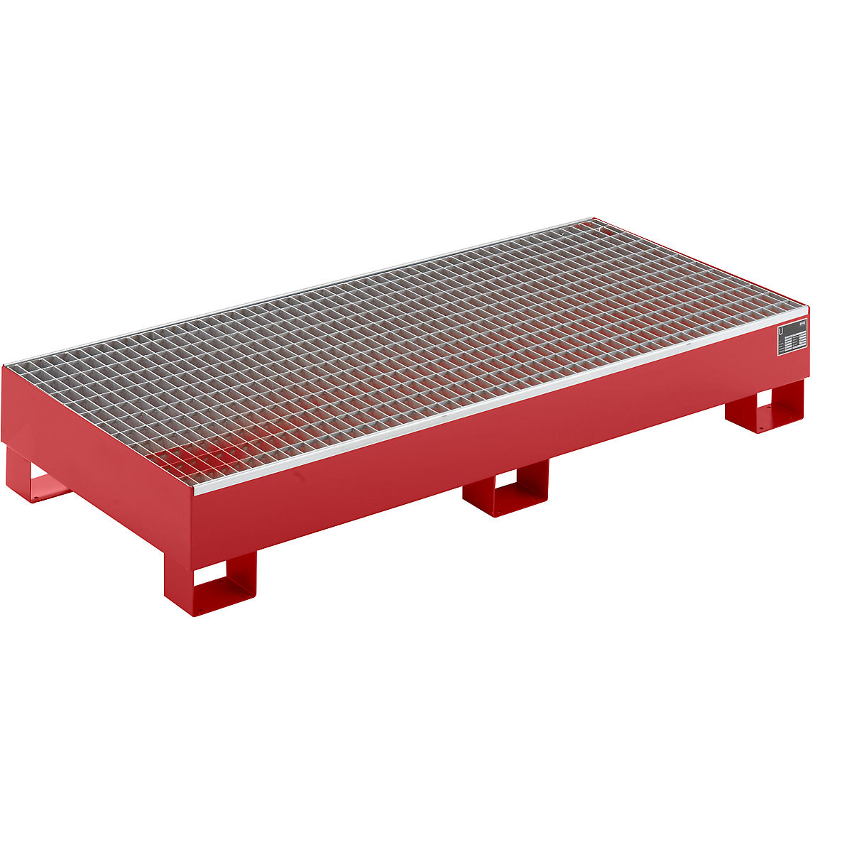 EUROKRAFTbasic – Sump tray made from sheet steel, LxWxH 1800 x 800 x 275 mm, red RAL 3000, with grate