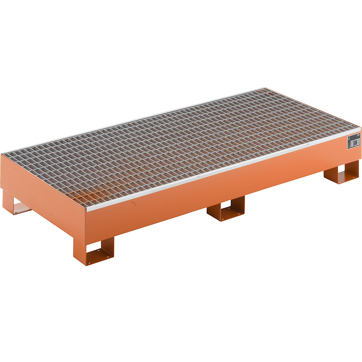 EUROKRAFTbasic – Sump tray made from sheet steel, LxWxH 1800 x 800 x 275 mm, orange RAL 2000, with grate