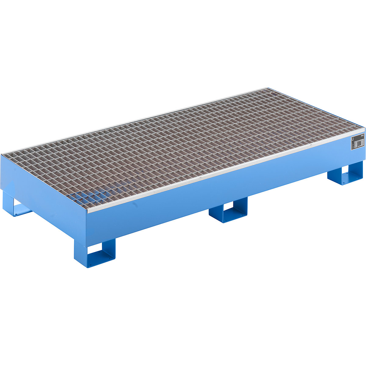 EUROKRAFTbasic – Sump tray made from sheet steel, LxWxH 1800 x 800 x 275 mm, blue RAL 5012, with grate