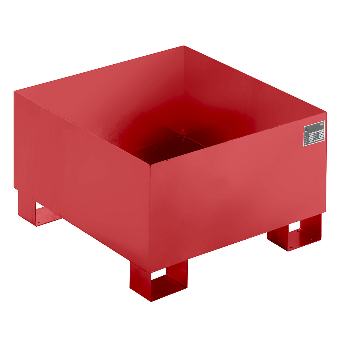 EUROKRAFTbasic – Sump tray made from sheet steel, LxWxH 800 x 800 x 465 mm, red RAL 3000
