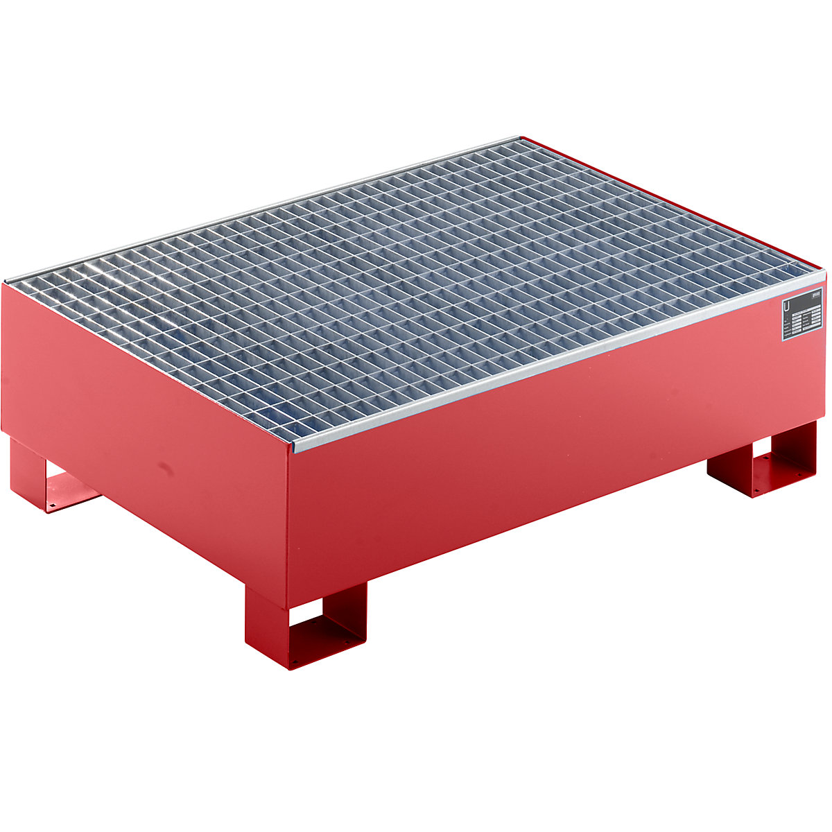 EUROKRAFTbasic – Sump tray made from sheet steel, LxWxH 1200 x 800 x 360 mm, red RAL 3000, with grate