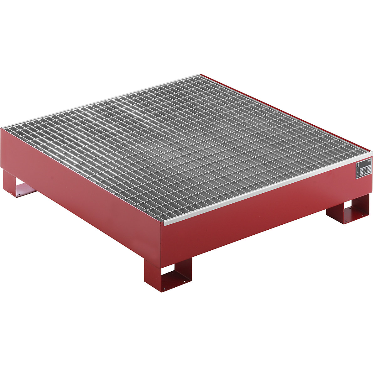 EUROKRAFTbasic – Sump tray made from sheet steel, LxWxH 1200 x 1200 x 285 mm, red RAL 3000, with grate