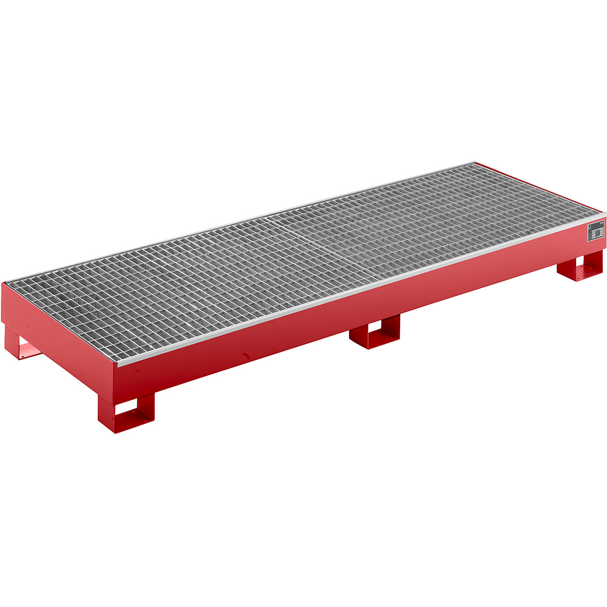 EUROKRAFTbasic – Sump tray made from sheet steel, LxWxH 2400 x 800 x 250 mm, red RAL 3000, with grate