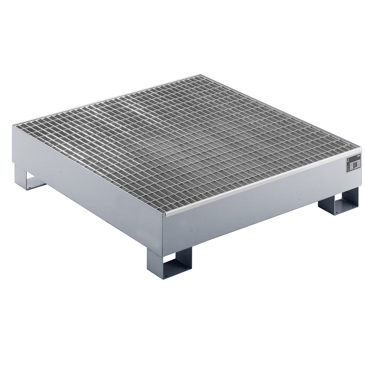 EUROKRAFTbasic – Sump tray made from sheet steel, LxWxH 1200 x 1200 x 285 mm, hot dip galvanised, with grate