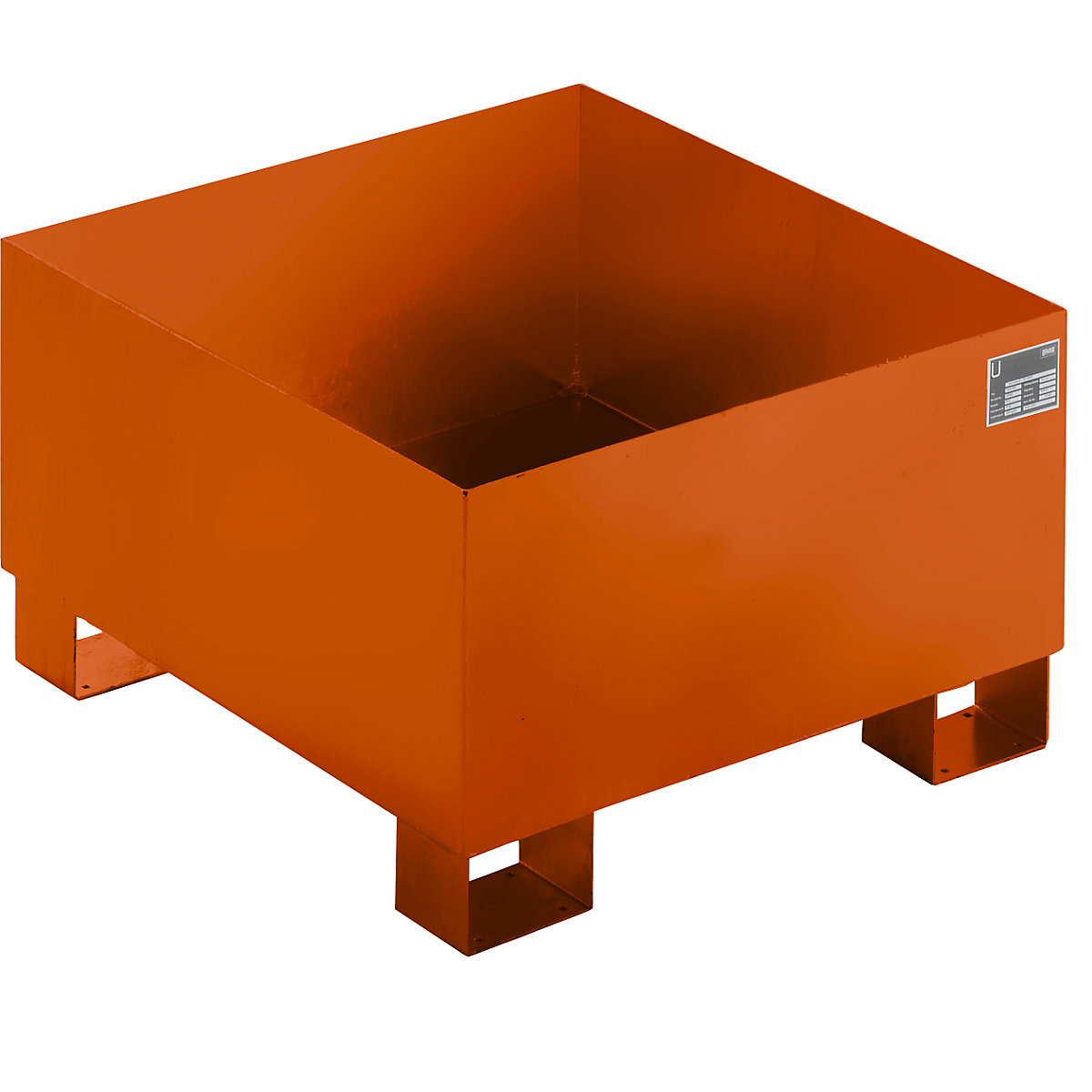 EUROKRAFTbasic – Sump tray made from sheet steel, LxWxH 800 x 800 x 465 mm, orange RAL 2000