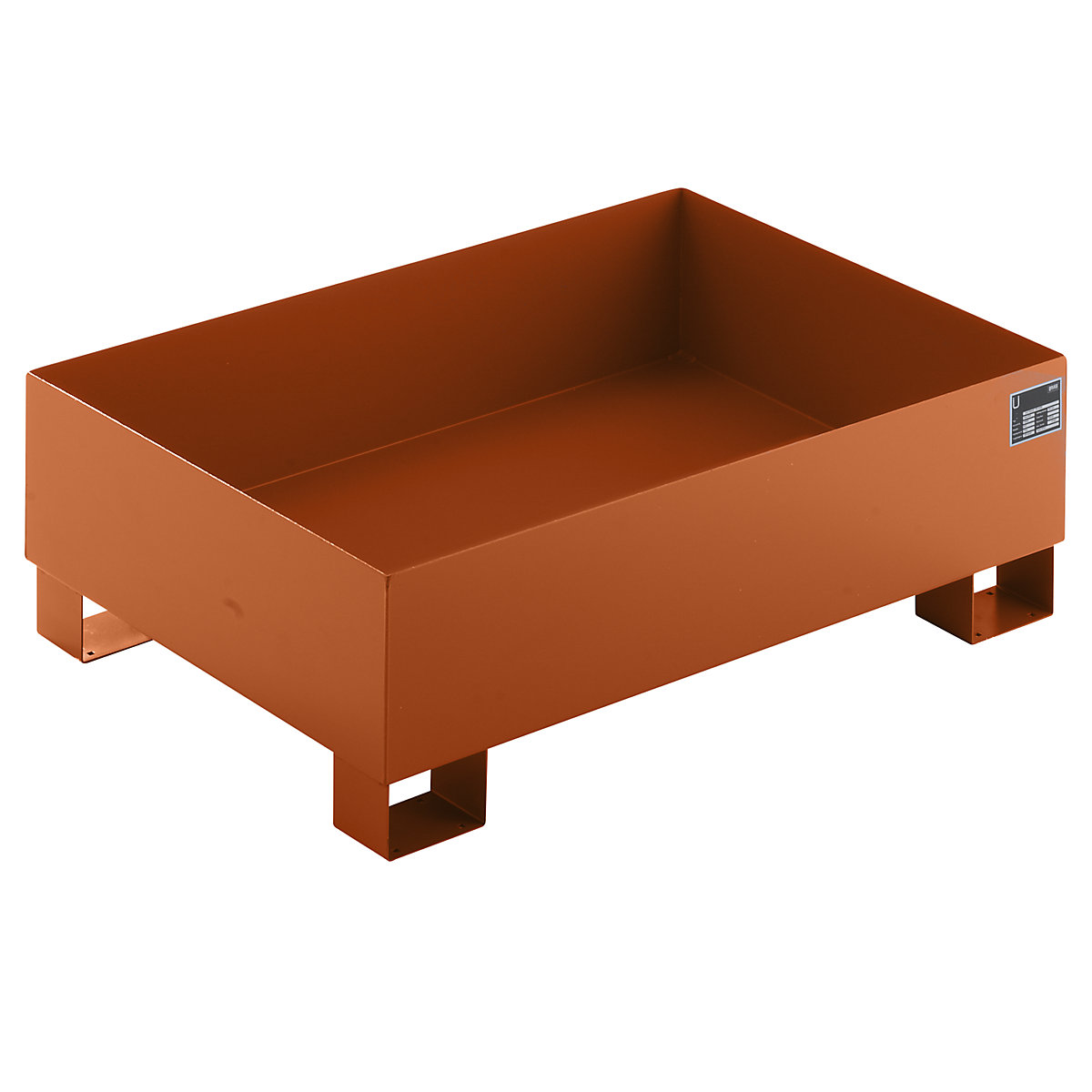 EUROKRAFTbasic – Sump tray made from sheet steel, LxWxH 1200 x 800 x 360 mm, orange RAL 2000
