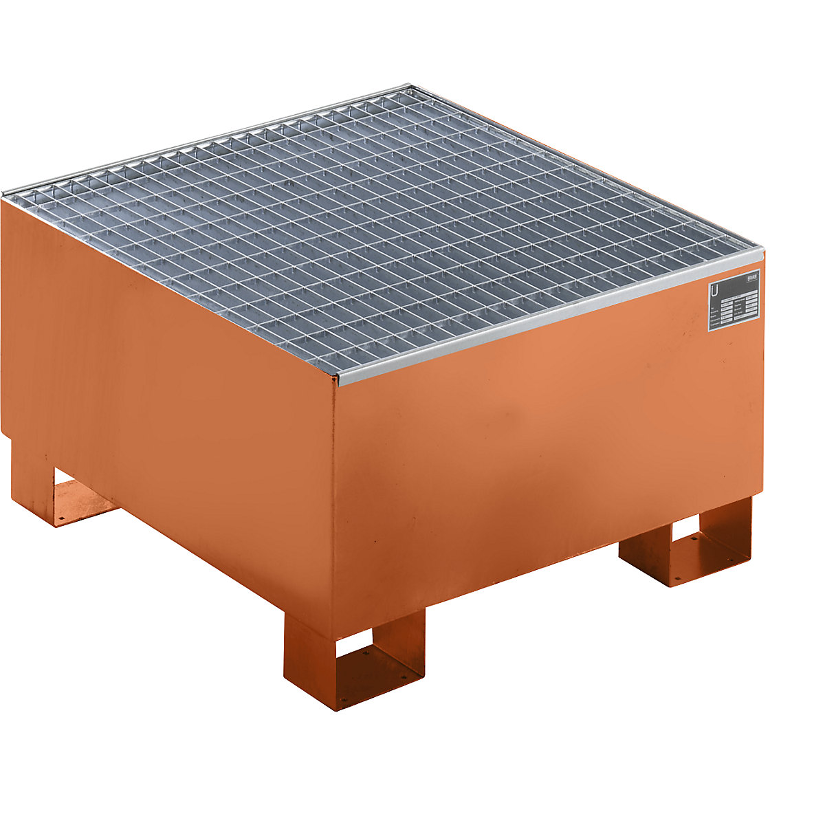 EUROKRAFTbasic – Sump tray made from sheet steel, LxWxH 800 x 800 x 465 mm, orange RAL 2000, with grate