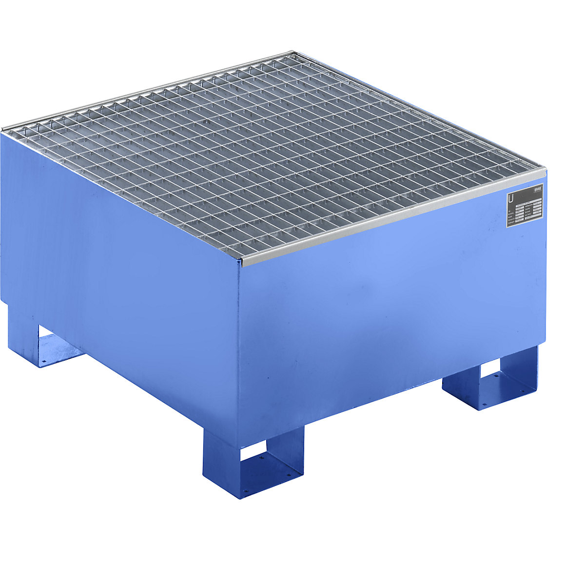 Sump tray made from sheet steel, LxWxH 800 x 800 x 465 mm, blue RAL 5012, with grate
