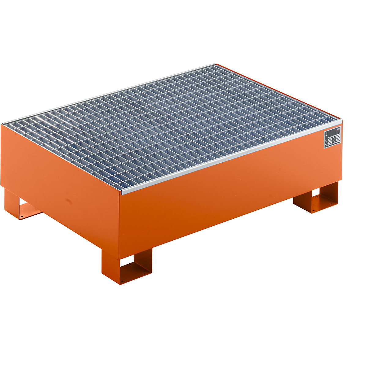 EUROKRAFTbasic – Sump tray made from sheet steel, LxWxH 1200 x 800 x 360 mm, orange RAL 2000, with grate