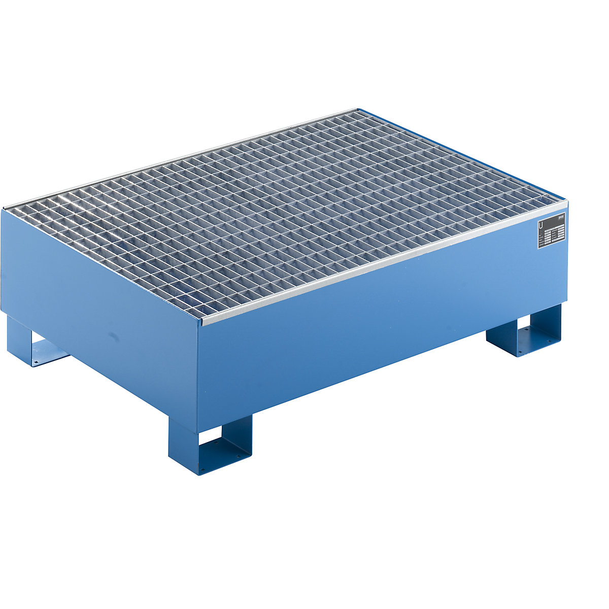 EUROKRAFTbasic – Sump tray made from sheet steel, LxWxH 1200 x 800 x 360 mm, blue RAL 5012, with grate